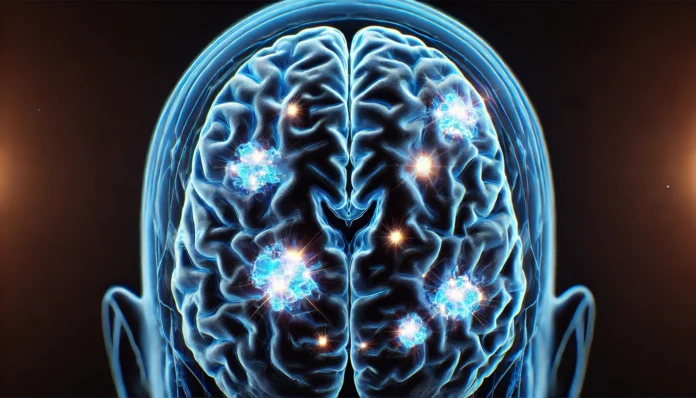 A high-resolution MRI scan of a human brain, displaying multiple bright spots indicating scarring and neurological damage, contrasted against a deep blue and black medical imaging theme.
