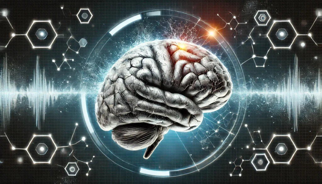 A futuristic depiction of brain degeneration due to scarring, showing a semi-transparent brain with breaking-down regions and digital effects symbolizing neural loss.