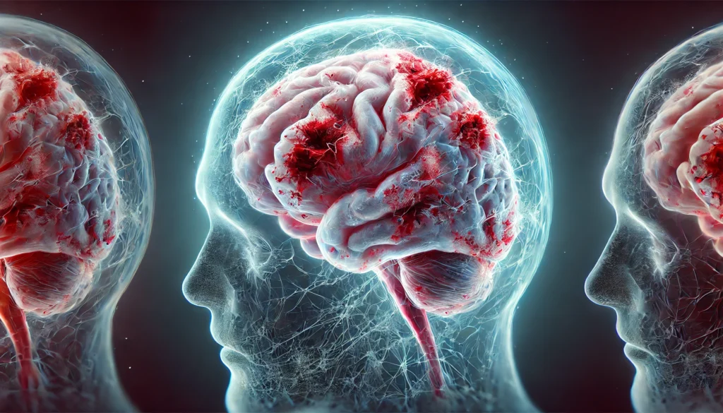 A highly detailed medical illustration of a human brain with visible scarring and inflammation, using a semi-transparent effect to highlight damaged regions in red against a clinical dark background.
