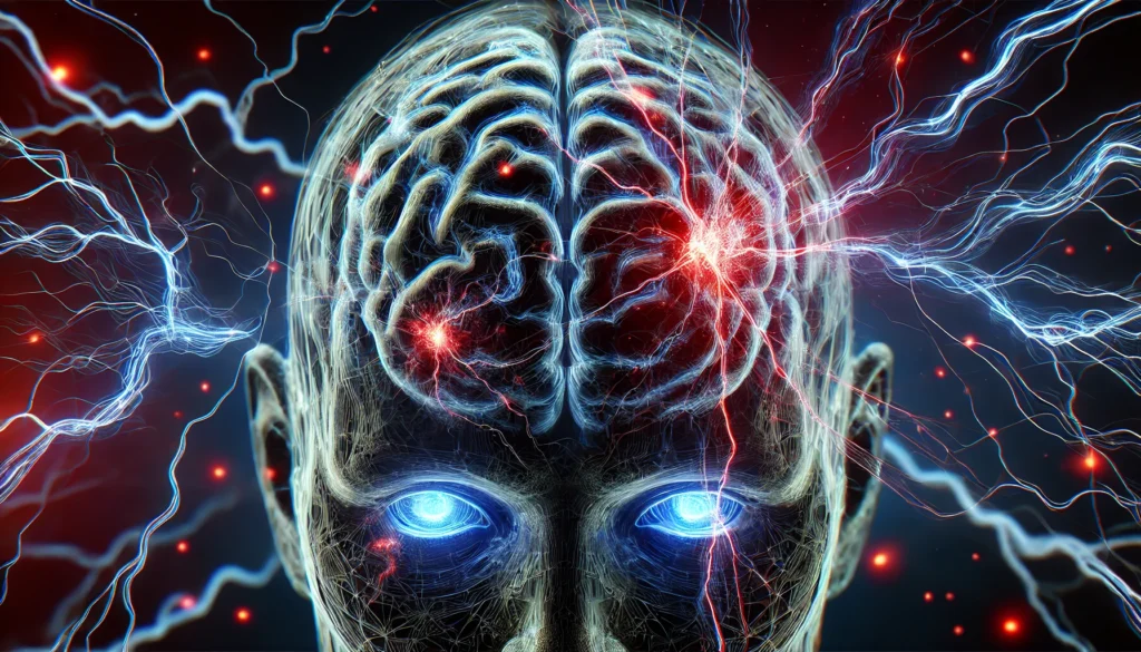 A futuristic conceptual rendering of a human brain affected by scarring, showing disrupted neural pathways with glowing blue and red lines representing electrical signal breakdown and inflammation.