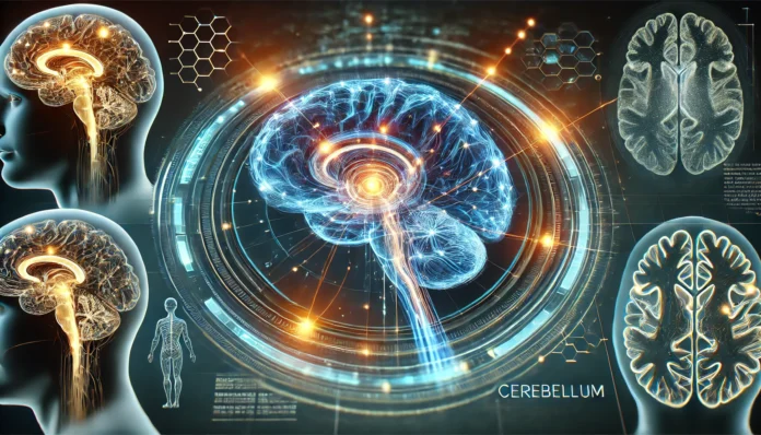 A futuristic neural scan visualization of the brain stem and cerebellum, featuring a high-tech interface. Glowing pathways illustrate how these brain regions communicate to regulate movement, posture, and fine motor control.
