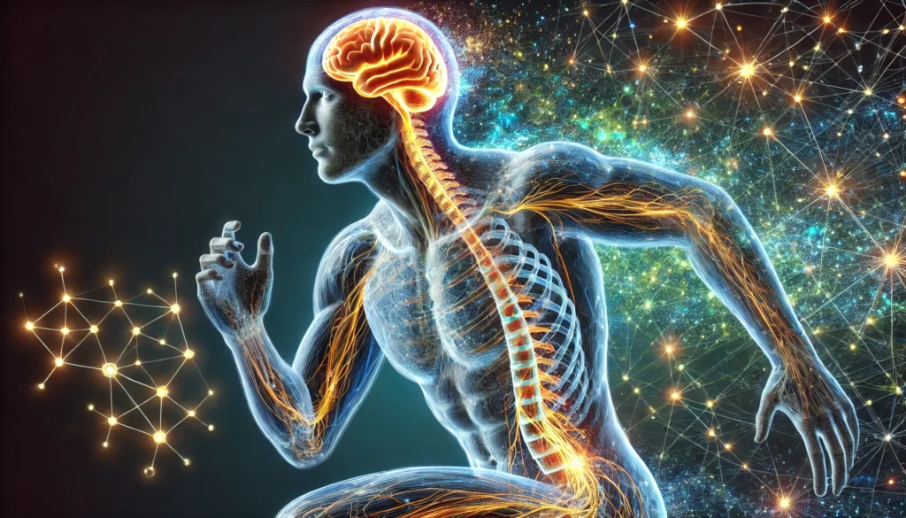 A dynamic illustration of a human figure in motion, showing neural pathways connecting the brain stem and cerebellum. The glowing neural connections represent real-time brain activity involved in adjusting balance and refining motor coordination.