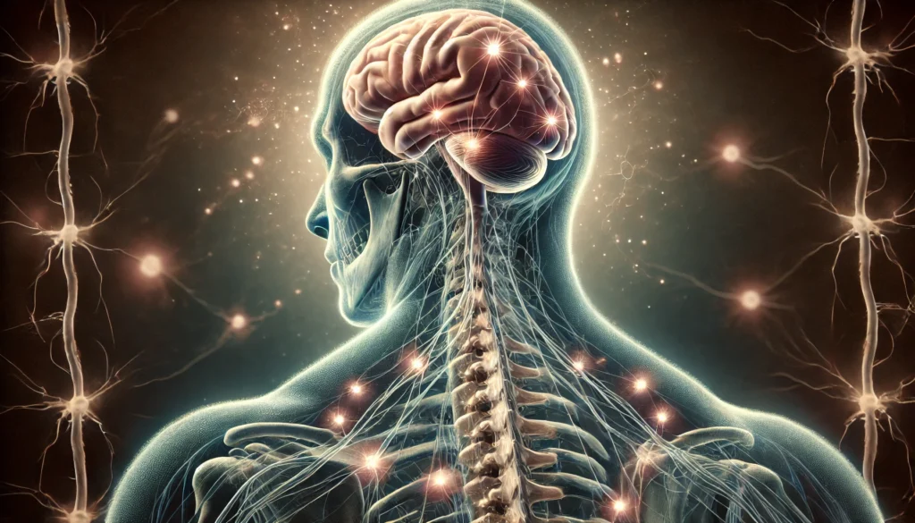 An artistic interpretation of the human brain and spinal cord, highlighting the role of the brain stem and cerebellum in balance and coordination. Ethereal, glowing neural pathways emphasize the intricate network that ensures smooth and precise movement.