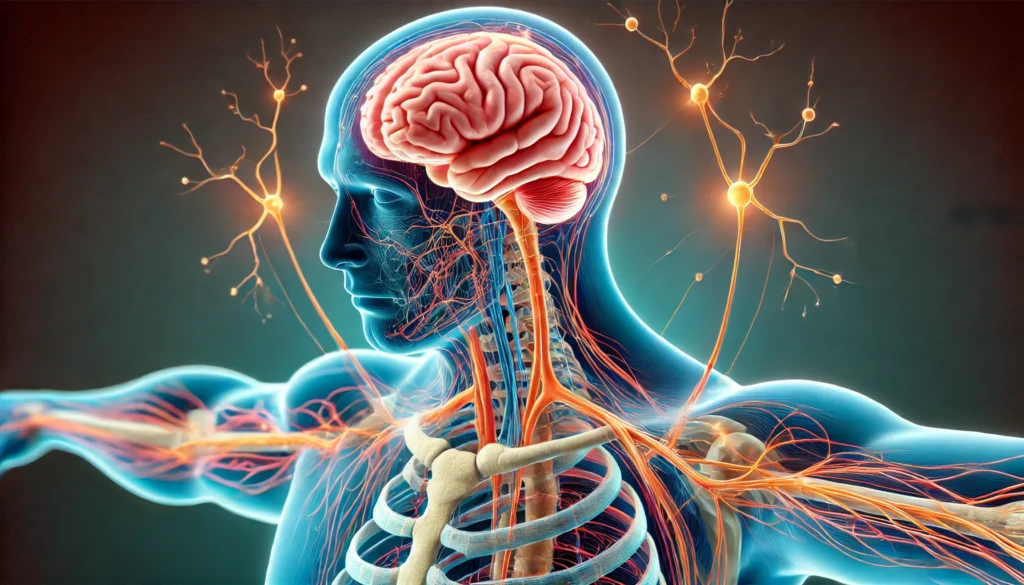 A detailed medical illustration of the brain stem and cerebellum, showcasing their connection with the nervous system. The image highlights the key neural pathways responsible for motor coordination, movement control, and postural stability.