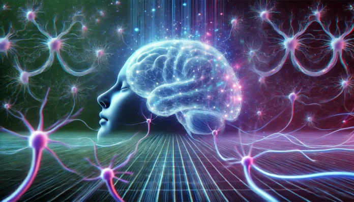 A futuristic visualization of a brain in REM sleep, surrounded by a holographic network of interconnected neurons emitting electric light pulses, representing cognitive function, mood balance, and longevity.