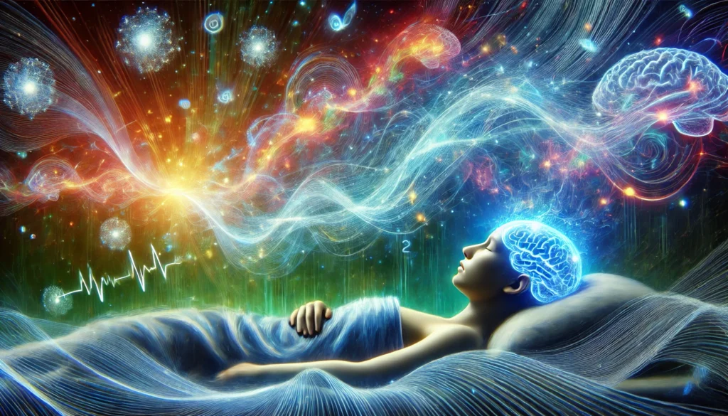 An artistic representation of REM sleep, featuring a sleeping person with luminous neural waves symbolizing memory formation, emotional healing, and subconscious thought, set against a dreamlike blend of nature and space.
