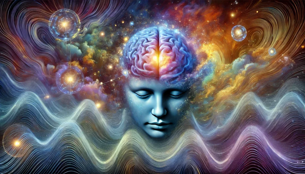 A mesmerizing artistic visualization of a human brain during REM sleep, surrounded by radiant, pulsating neural waves in shades of blue, purple, and gold. The image illustrates cognitive processing, emotional integration, and memory consolidation, set against a dreamlike background symbolizing the subconscious mind.