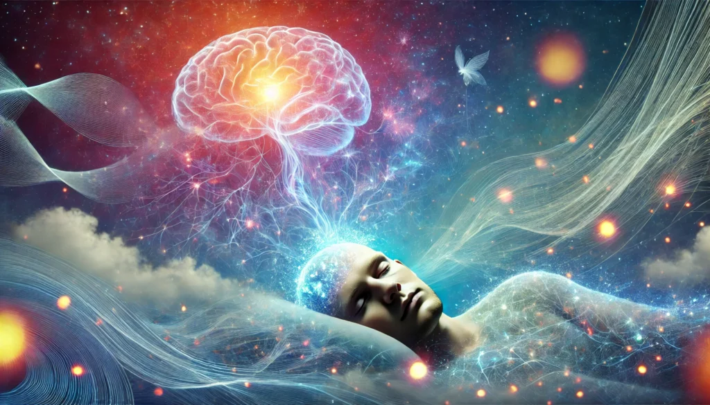 A surreal dreamscape featuring a sleeping individual with glowing neural waves radiating from their mind. The ethereal waves, combined with floating light particles and a cosmic-inspired background, depict the subconscious processing of experiences and the critical role of REM sleep in cognitive health and longevity.