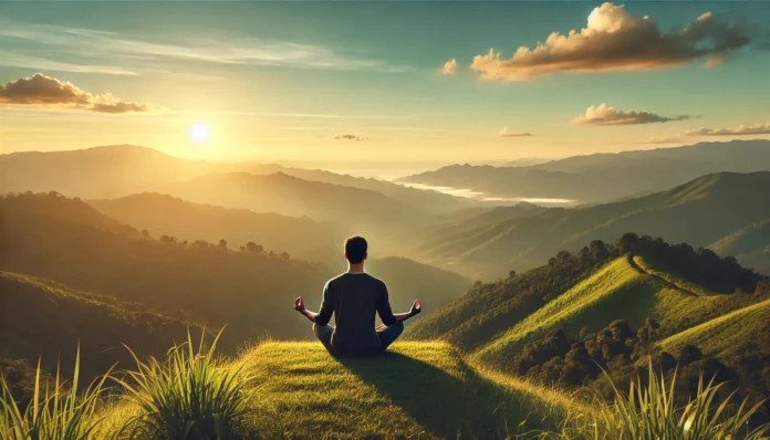 A person sits cross-legged on a mountaintop at sunrise, meditating in a peaceful nature setting with rolling green hills and a golden sky, symbolizing mindfulness and stress relief.