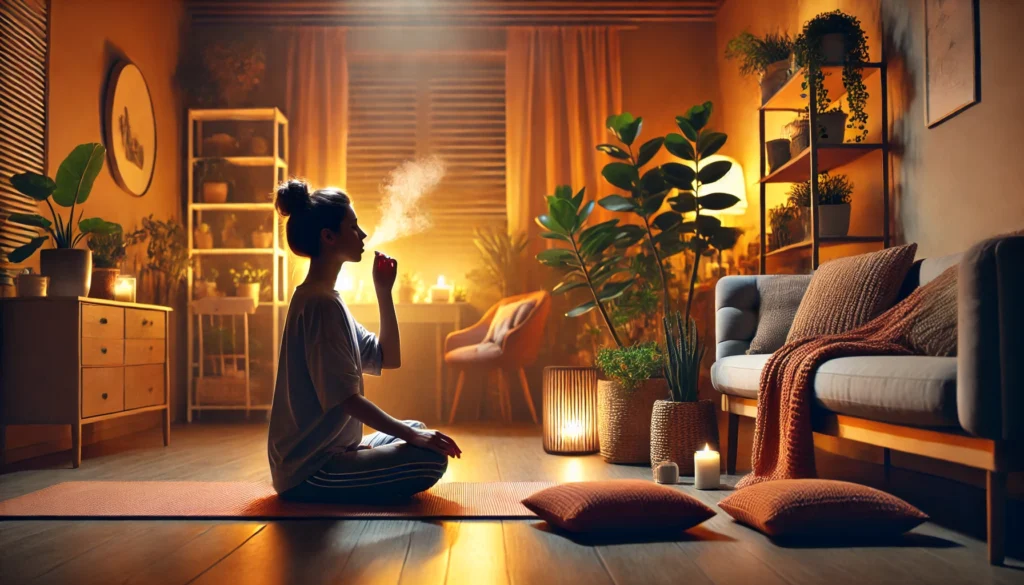 An individual practices deep breathing exercises in a cozy indoor space with warm lighting, houseplants, and a comfortable yoga mat, promoting relaxation and emotional balance.