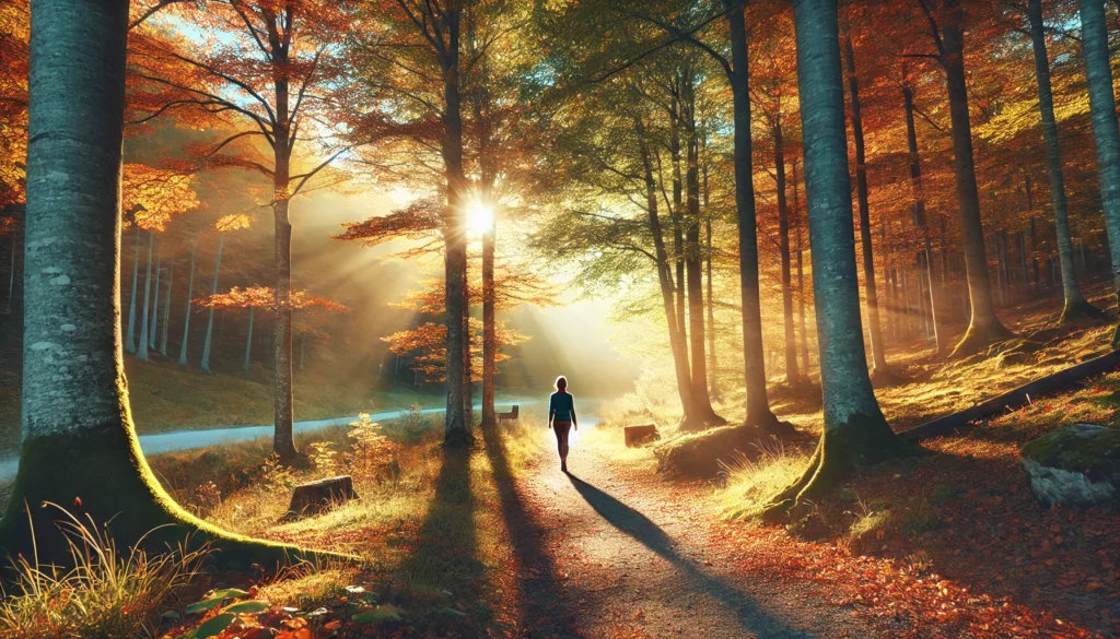A person enjoys a mindful walk along a forest path lined with vibrant fall-colored trees, basking in soft sunlight and embracing the therapeutic benefits of nature for stress relief.