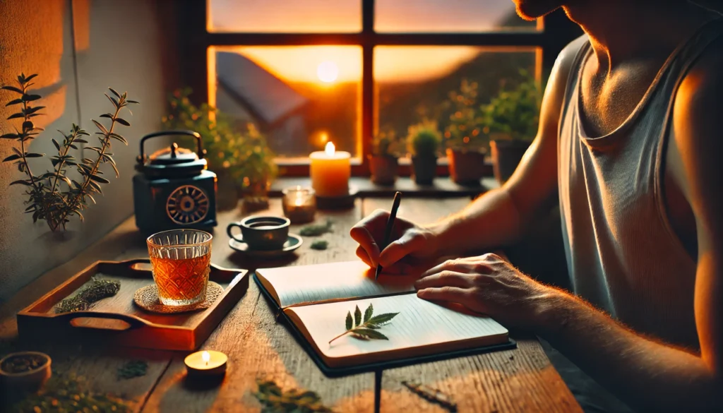 A tranquil scene of an individual journaling at a wooden desk by a window, accompanied by herbal tea, a candle, and a plant, reflecting on thoughts and practicing stress management techniques.