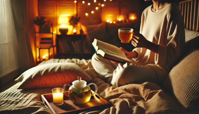 Cozy bedroom with soft lighting and a person reading a book while drinking herbal tea, promoting relaxation before sleep.