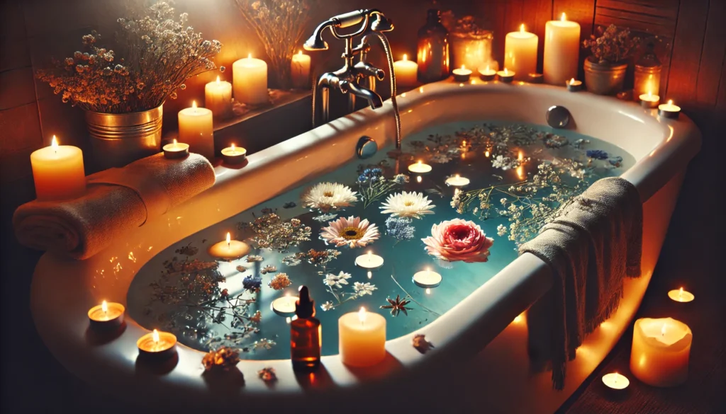 Relaxing nighttime bath with candlelight, floating flowers, and essential oils, enhancing sleep preparation.