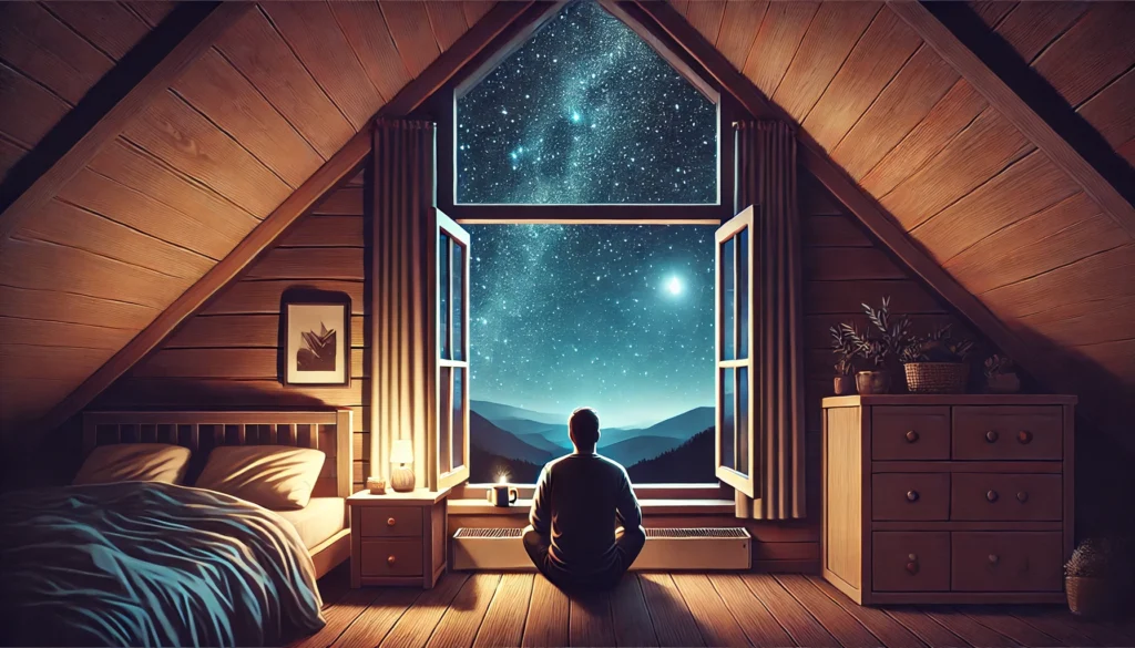 Person sitting by a bedroom window with a cup of tea, gazing at a starry night sky for a serene bedtime moment.