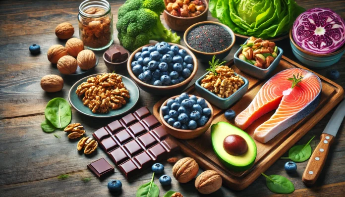A vibrant display of brain-boosting foods on a rustic wooden table, including blueberries, walnuts, dark chocolate, salmon, avocado, and leafy greens, illuminated with natural lighting
