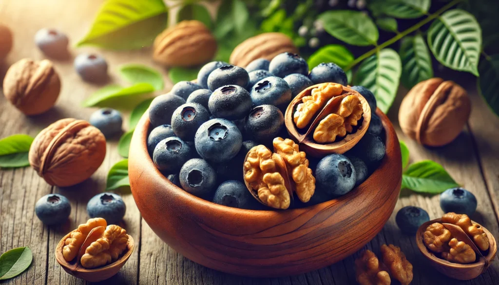 A close-up of a wooden bowl filled with fresh blueberries and walnuts, symbolizing brain health, with a blurred background of leafy greens and soft natural light.