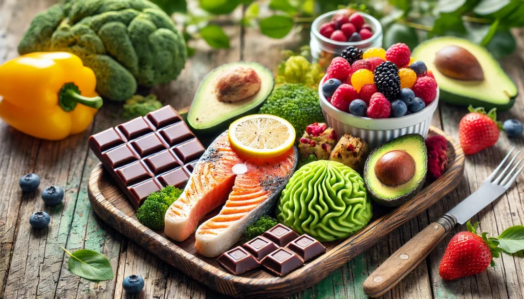 A nutritious platter featuring grilled salmon, avocado, dark chocolate squares, and a colorful mix of berries, presented on a wooden table with a fresh and inviting background.