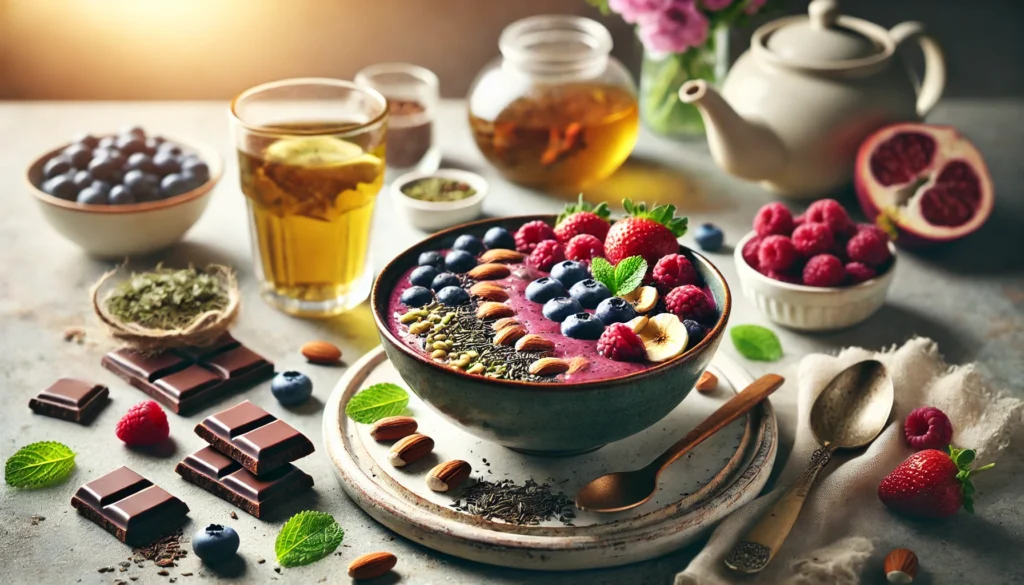 A beautifully arranged breakfast spread including a smoothie bowl topped with fresh berries, nuts, and seeds, accompanied by green tea and dark chocolate, bathed in warm morning light.