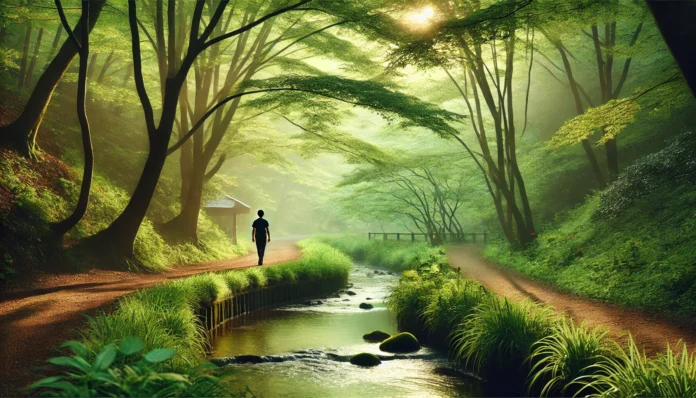 A serene nature trail bathed in soft morning light, surrounded by lush green trees and a gentle stream, with a person walking peacefully, embracing the calming effects of nature.