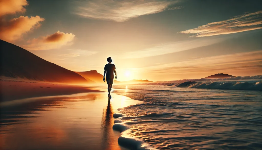 A person walking along a peaceful beach at sunset, with gentle ocean waves touching the shore and a sky painted in warm hues, reflecting relaxation and stress relief.