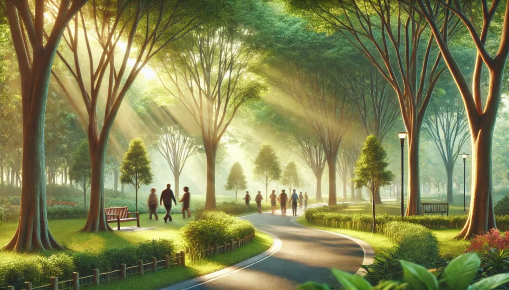 A tranquil park scene with a winding path lined with tall, leafy trees, where a group of people enjoys a peaceful walk under warm sunlight, promoting well-being and connection.