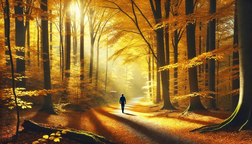 A peaceful autumn forest with golden leaves covering the ground, as a lone walker strolls along a scenic path, breathing in the crisp air and experiencing seasonal tranquility.
