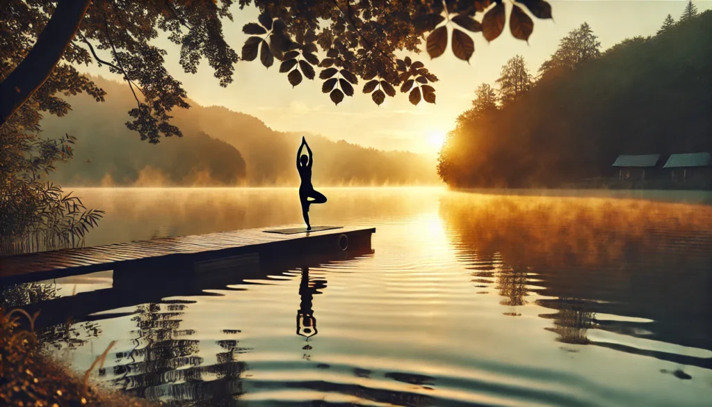 A tranquil lakeside setting at sunrise, where a person practices yoga on a wooden dock. The calm water reflects golden hues, and the surrounding trees enhance the peaceful ambiance, symbolizing balance, mindfulness, and stress relief.