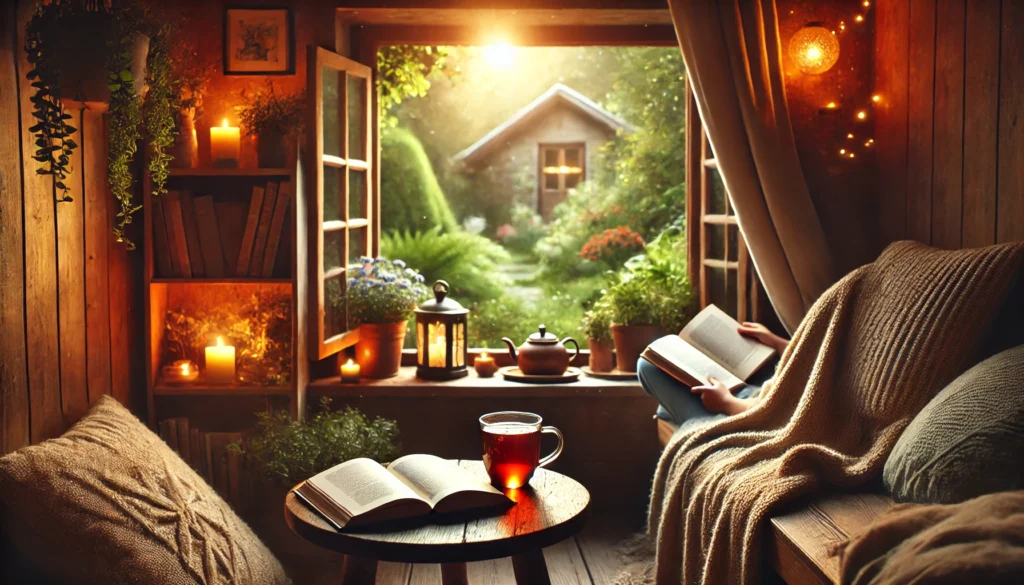A cozy reading nook by a large window overlooking a tranquil garden. A cup of herbal tea sits on a wooden table, and a person is curled up with a book, surrounded by soft blankets, creating a peaceful atmosphere for relaxation and stress reduction.