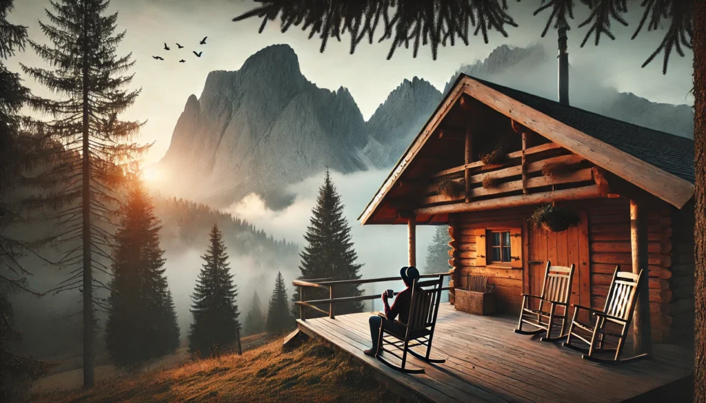 A peaceful mountain retreat featuring a wooden cabin surrounded by misty peaks and evergreen trees. A person sits on a rocking chair on the cabin’s porch, sipping a warm drink while watching the sunrise, evoking a sense of solitude, relaxation, and stress relief.
