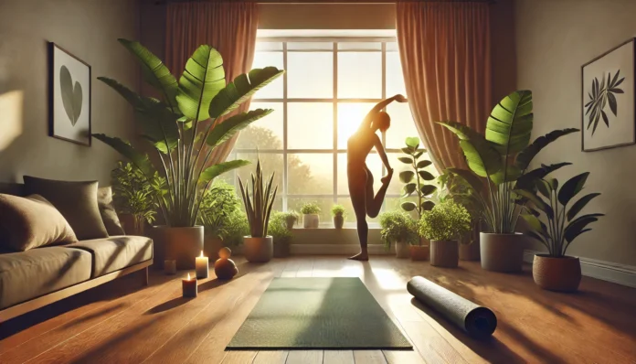 A serene morning scene with a person stretching on a yoga mat near a sunlit window, surrounded by lush green plants, representing a mindful and healthy daily routine.