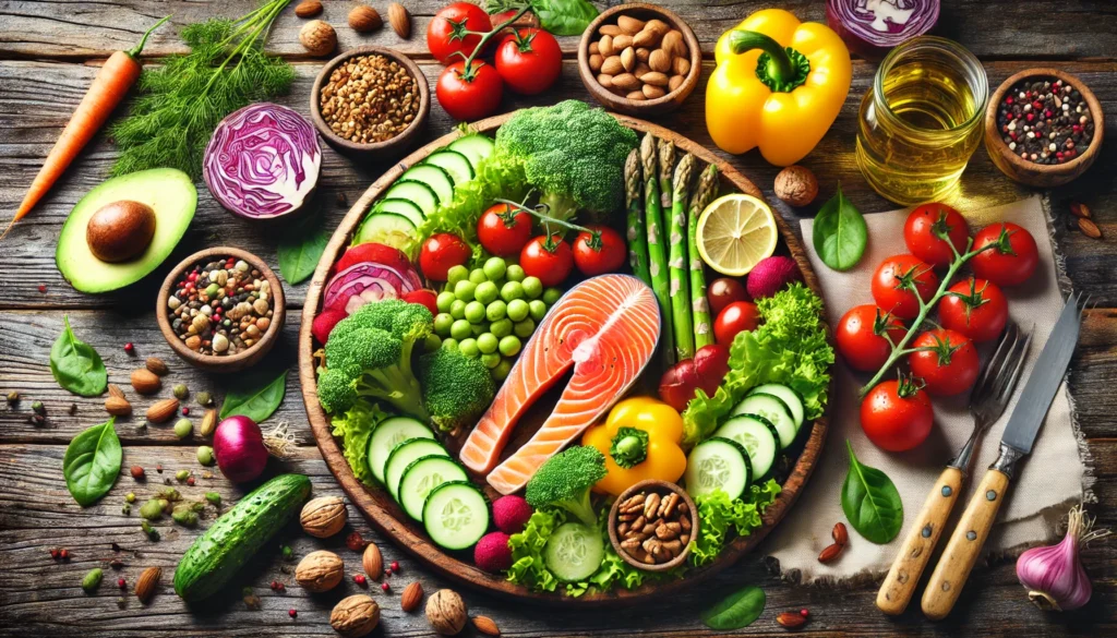 A vibrant plate of fresh, colorful vegetables, nuts, and salmon on a rustic wooden table, symbolizing a nutrient-rich diet essential for longevity and overall well-being.