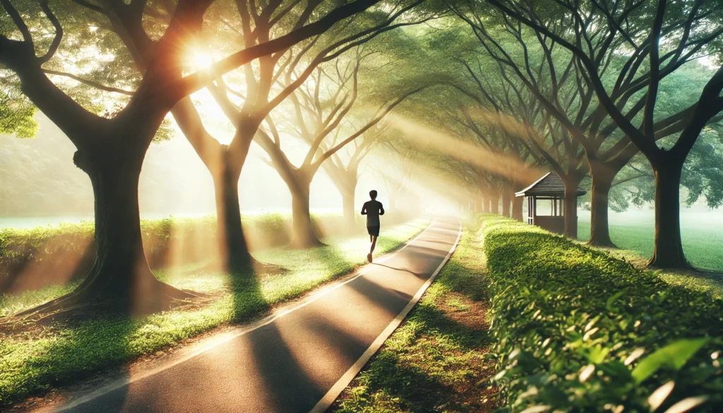 A peaceful outdoor setting featuring a person jogging on a scenic tree-lined path in soft morning sunlight, depicting the benefits of regular exercise for long-term health.