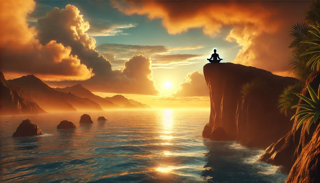 A tranquil evening scene with a person meditating on a cliff overlooking the ocean at sunset, emphasizing mindfulness, stress management, and emotional balance for a healthier life.