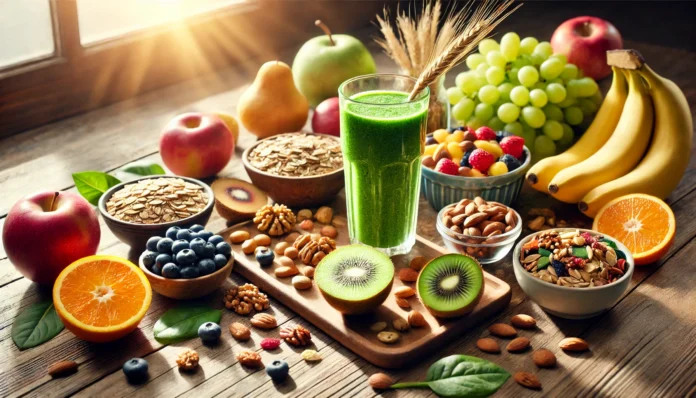 A vibrant breakfast spread on a wooden table featuring fresh fruits, nuts, whole grains, and a green smoothie. Sunlight streams through a nearby window, highlighting the nourishing foods essential for cognitive function and longevity.
