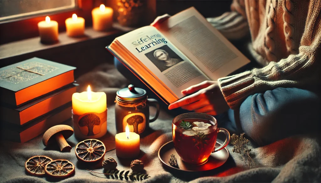 A cozy evening scene where a person is reading a book by warm candlelight, with a steaming cup of herbal tea nearby. The calm ambiance highlights the importance of lifelong learning and relaxation for maintaining cognitive health and longevity.