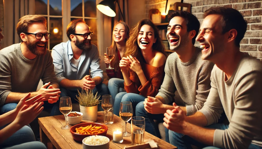 A lively social gathering in a warm, well-lit home, where friends are laughing and engaging in a meaningful conversation. The cozy atmosphere highlights the role of social connections in supporting brain health and emotional well-being.
