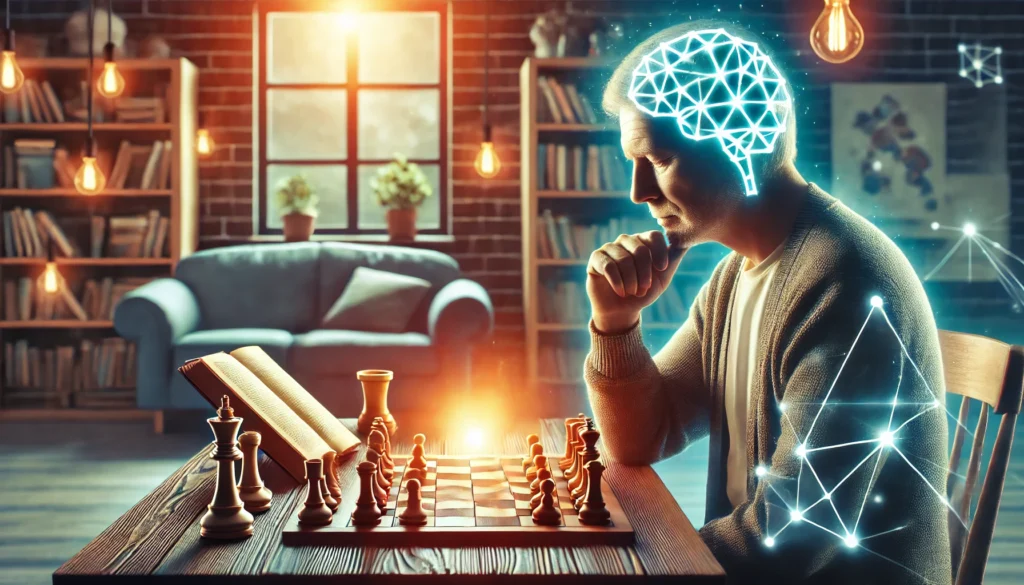 A person solving a puzzle in a cozy study room, surrounded by bookshelves. The well-lit space highlights the importance of brain-training activities like puzzles and chess for cognitive function and longevity.