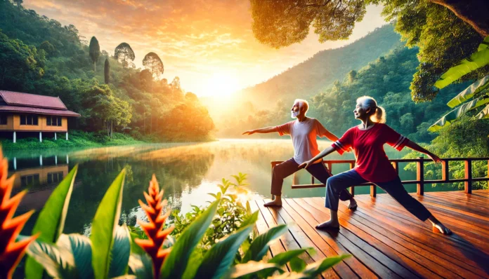 An elderly couple practicing yoga on a wooden deck overlooking a peaceful lake at sunrise, surrounded by lush greenery, symbolizing physical and mental well-being.