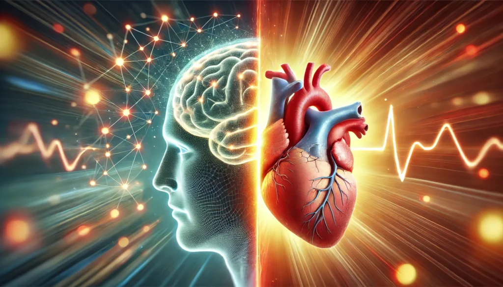 A split-screen image of a glowing human brain with illuminated neural connections on one side and a strong human heart with glowing arteries on the other, representing cognitive vitality and cardiovascular health.