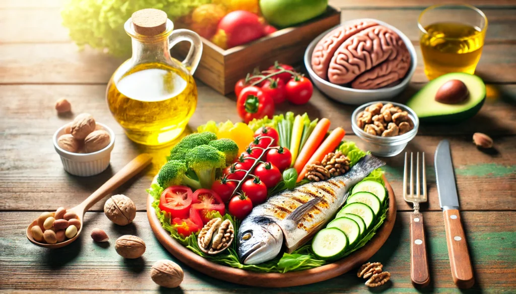 A colorful and nutritious Mediterranean-style meal featuring fresh vegetables, grilled fish, nuts, and olive oil on a rustic wooden table, promoting brain and heart health.