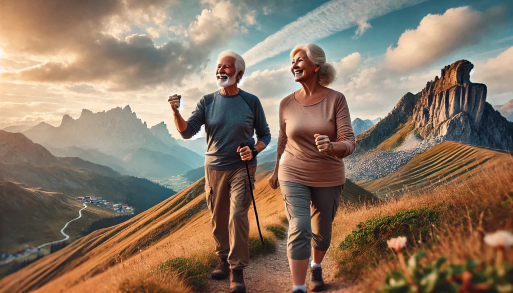 An elderly couple hiking along a scenic mountain trail, looking strong, joyful, and energetic, embodying the benefits of an active lifestyle for longevity and mental clarity.