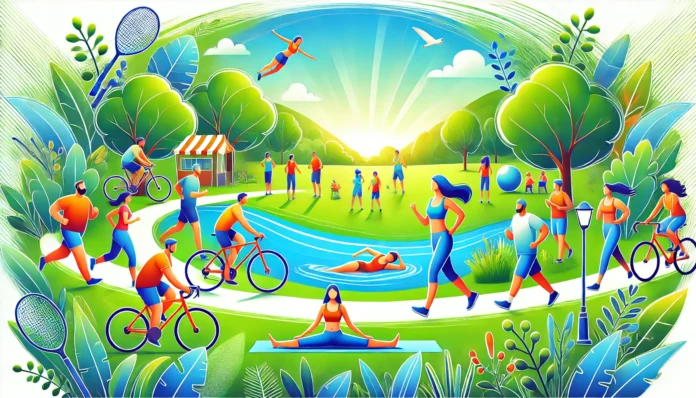 A vibrant digital illustration of diverse people engaging in various physical activities such as jogging, cycling, yoga, and swimming in a lush park with a bright blue sky, symbolizing the long-term health benefits of exercise