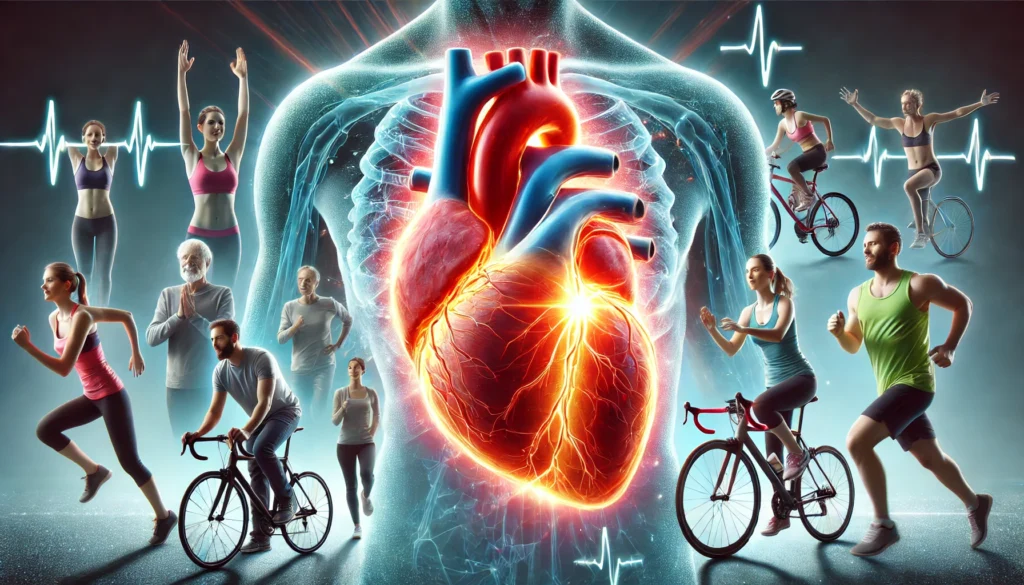 A realistic illustration of a strong human heart glowing with vitality, surrounded by active individuals running, cycling, and practicing yoga, highlighting how physical activity prevents cardiovascular diseases and supports heart health.