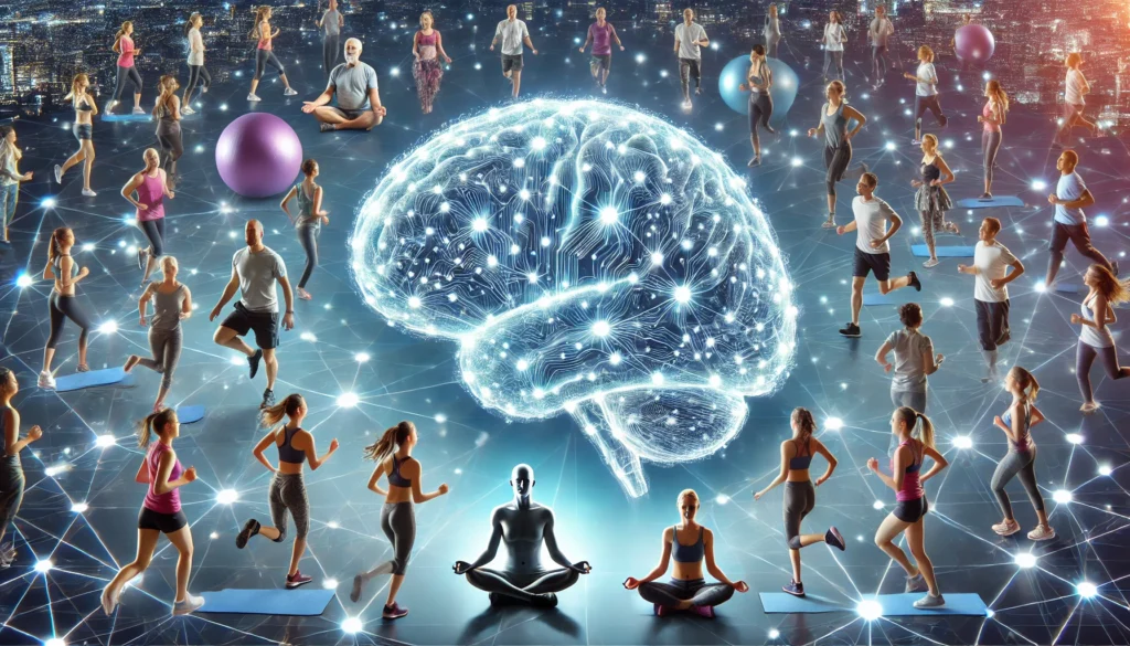 A futuristic digital rendering of a glowing human brain with illuminated neural connections, surrounded by people engaging in meditation, jogging, and group fitness activities, symbolizing exercise’s role in preventing cognitive decline and neurodegenerative diseases.