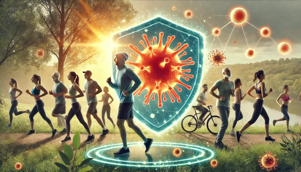 An artistic representation of a diverse group of people exercising outdoors, with a glowing immune system shield surrounding them, set against a natural landscape with sunlight filtering through trees, symbolizing how physical activity strengthens immunity and prevents chronic illnesses.