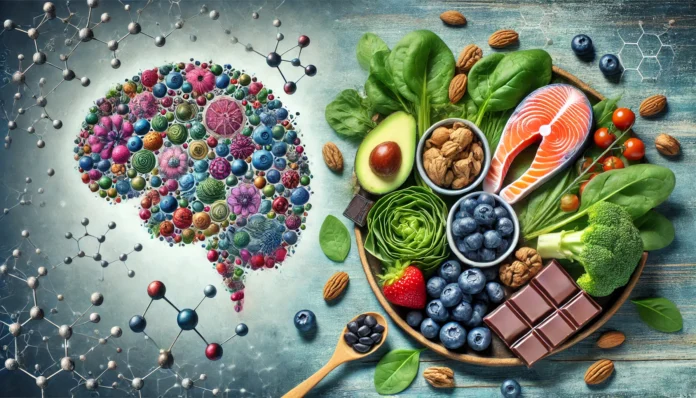 A vibrant collage of brain-boosting foods, including blueberries, nuts, salmon, leafy greens, and dark chocolate, arranged on a rustic wooden table. The background subtly integrates molecular structures, highlighting the connection between nutrition and brain health.