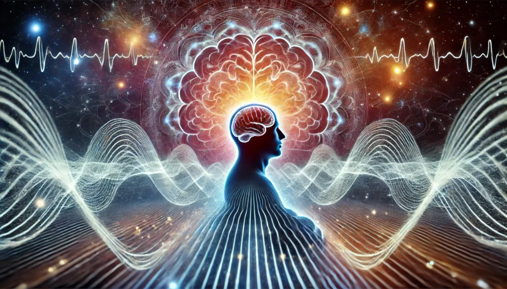 An artistic representation of brainwaves flowing in synchronization with a meditative human silhouette. The background features cosmic energy patterns, symbolizing mindfulness, deep thinking, and the connection between consciousness and brain function.