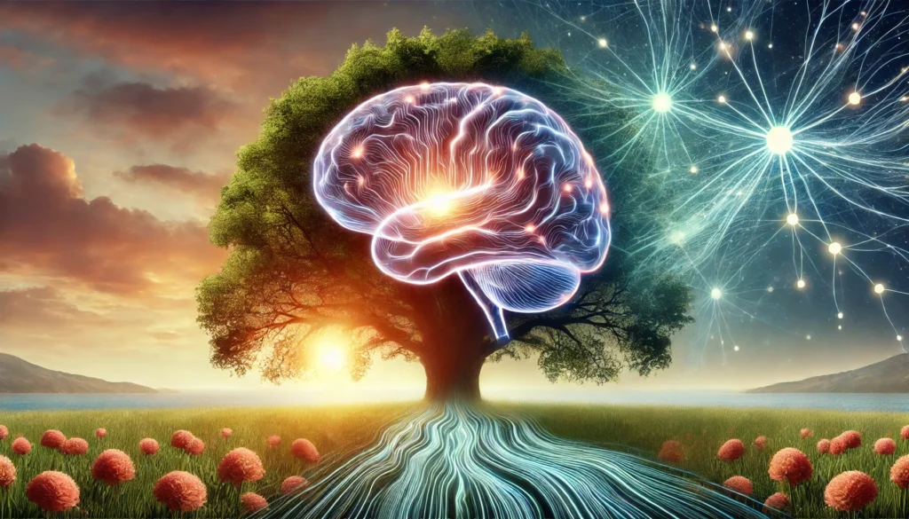 A visually stunning landscape merging nature and neuroscience, with a glowing human brain seamlessly integrated into a tree. The branches symbolize neural connections, while the serene background reflects balance, longevity, and cognitive well-being.