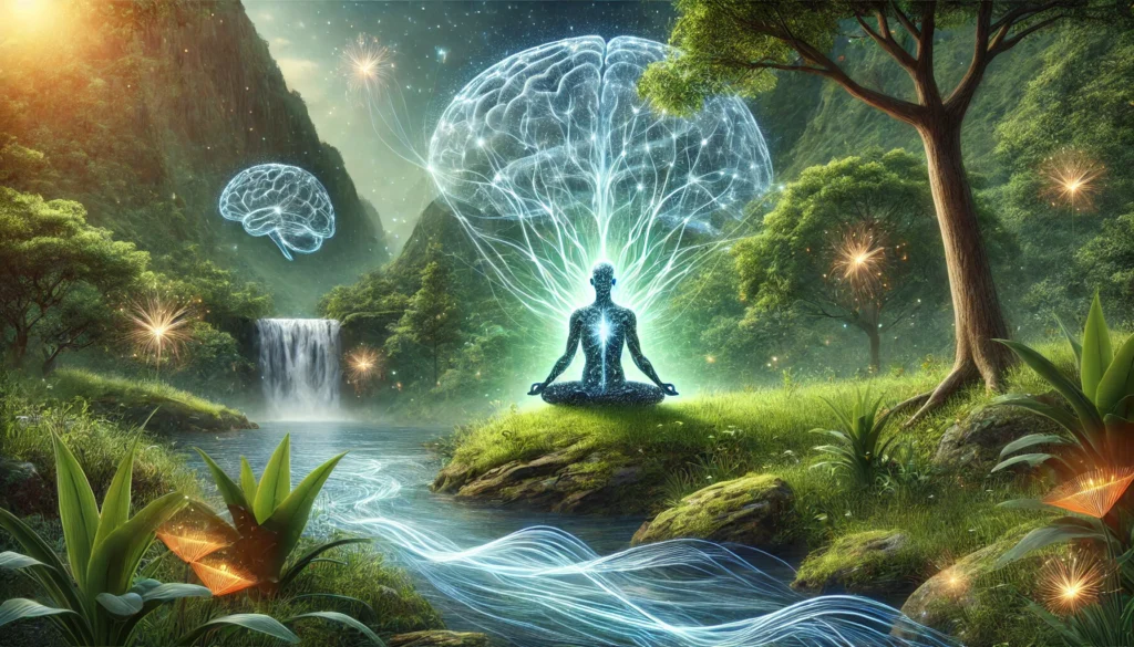 A peaceful nature scene featuring a meditating human figure enveloped by glowing neural pathways and floating energy waves. The lush greenery and tranquil waterfall in the background symbolize mindfulness, brain health, and longevity.